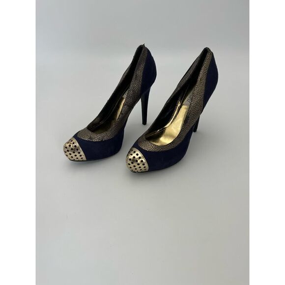 JENNIFER LOPEZ HEELS WOMENS 7 NOVELLA PUMPS PLATFORM BLUE GOLD STILETTO HIGH - Picture 2 of 7